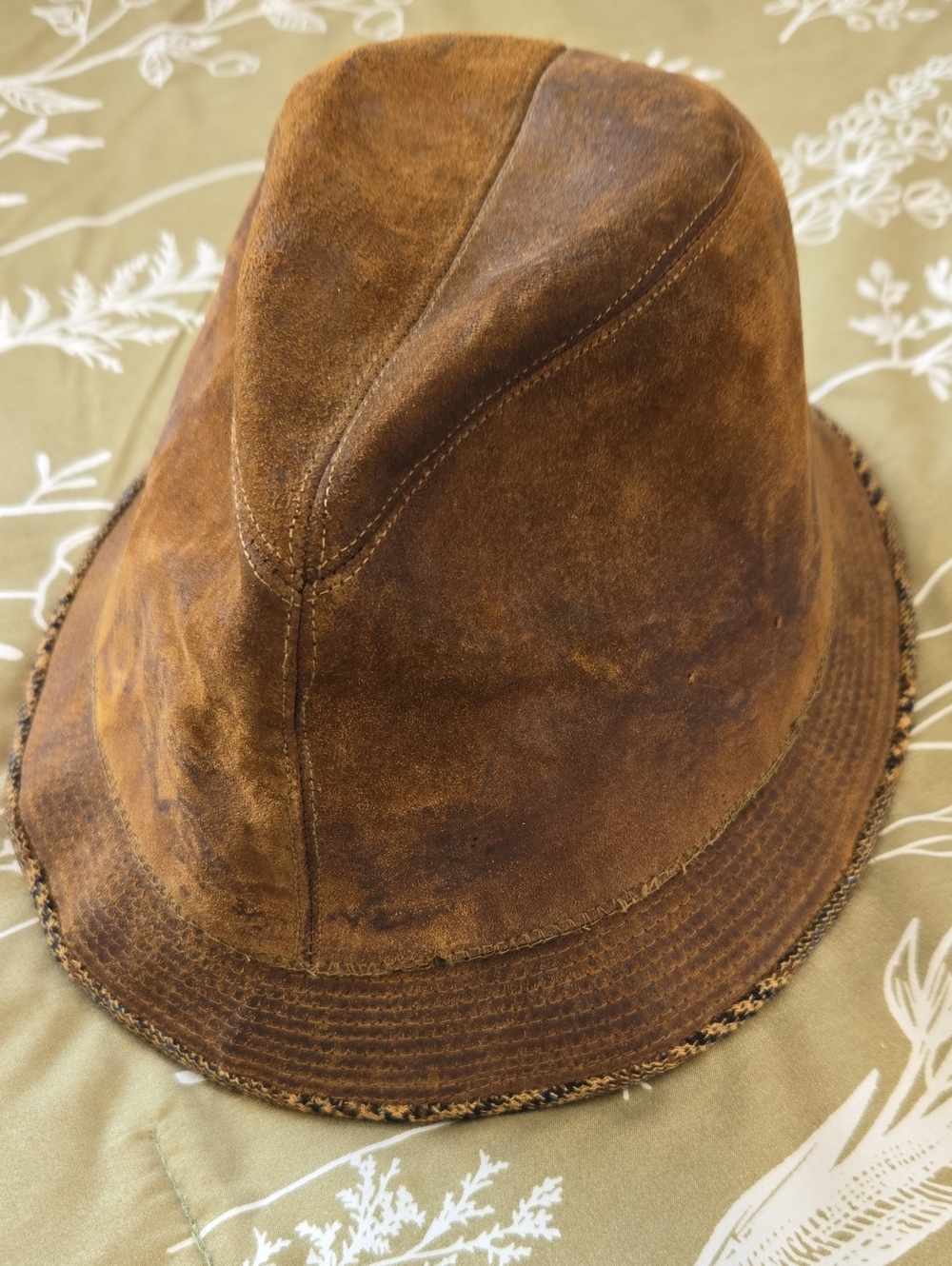 Vintage Mid-Century Brown Suede Fedora / Trilby Hat with Plaid Tweed Brim Med-lg